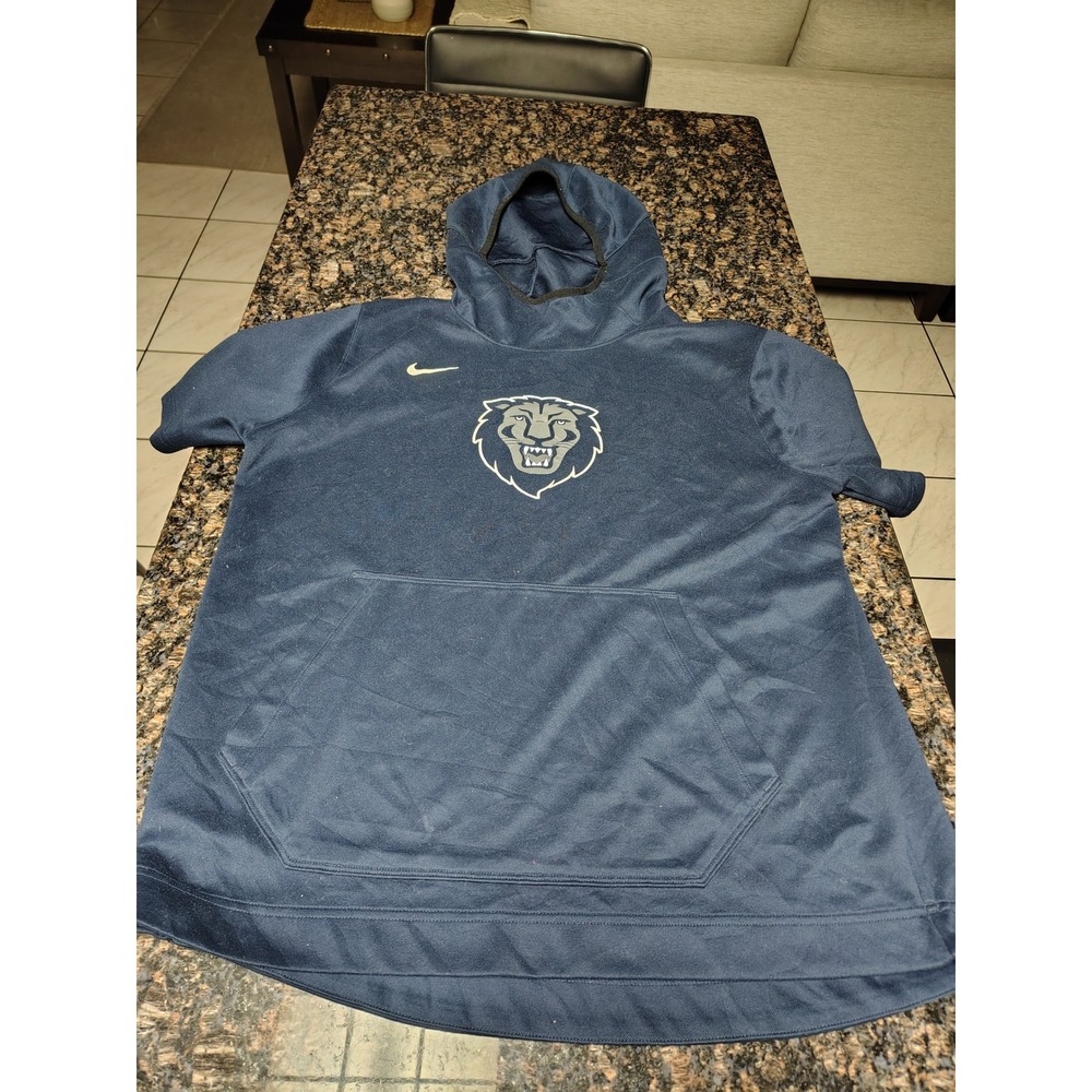 Nike Mens Dri-FIT Short Sleeve Hoodie Navy Blue Lion Graphic Pullover Large